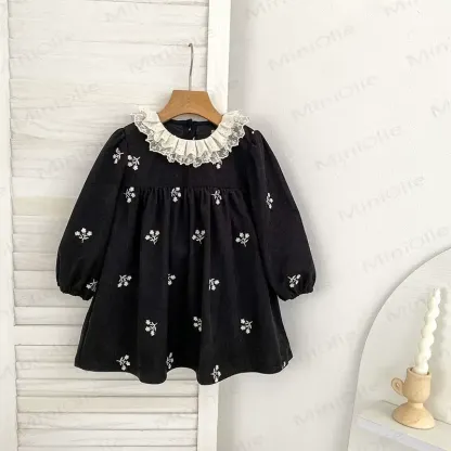 Toddler Girl Black Floral Lace Collar Corduroy Dress - image 1