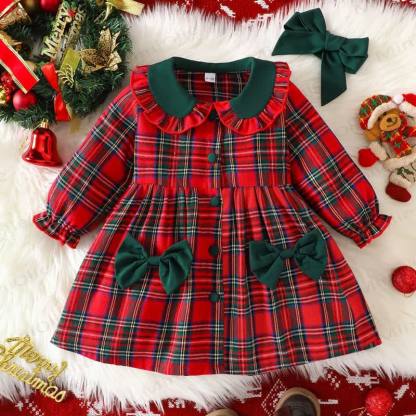 Baby Girl Christmas Bow Check Ruffle Collar Dress - image 1