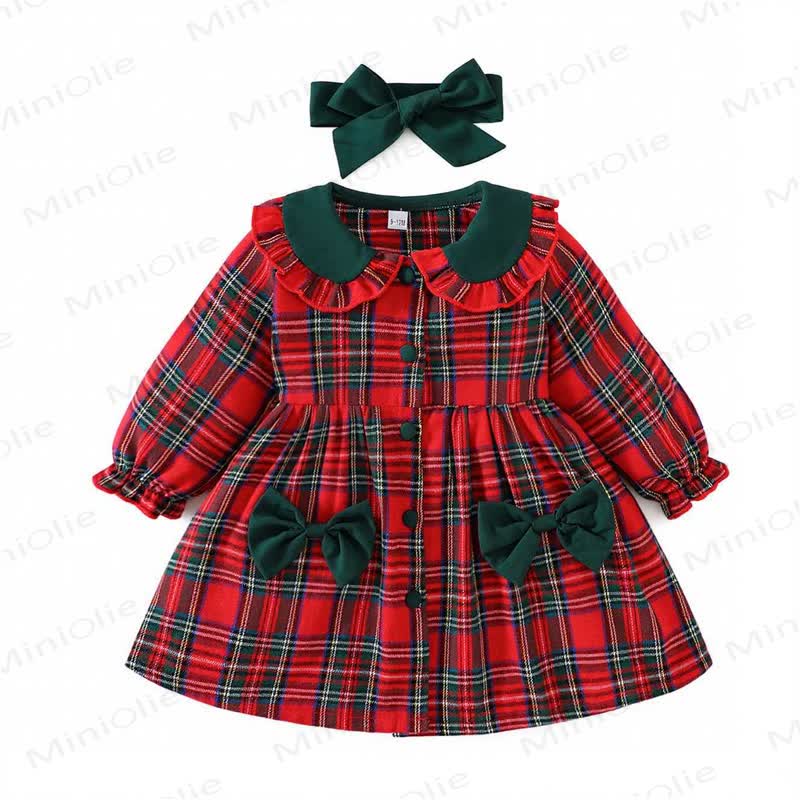Baby Girl Christmas Bow Check Ruffle Collar Dress - Red - 2-3T - image 2