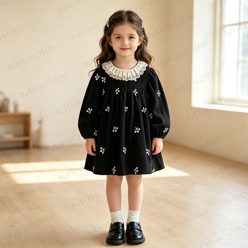 Toddler Girl Black Floral Lace Collar Corduroy Dress - image 2