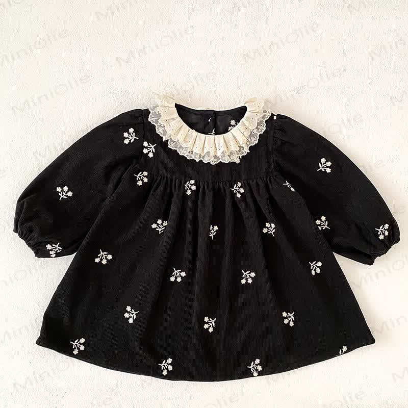 Toddler Girl Black Floral Lace Collar Corduroy Dress - image 3