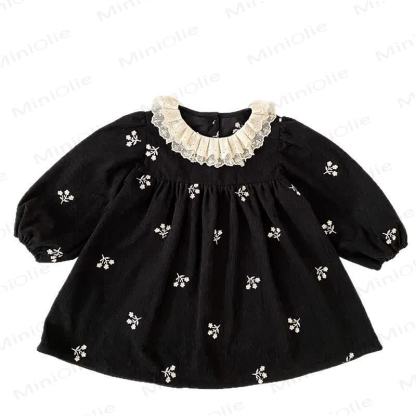 Toddler Girl Black Floral Lace Collar Corduroy Dress - Black - 6-7T - image 4