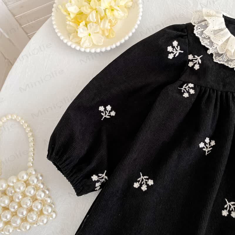 Toddler Girl Black Floral Lace Collar Corduroy Dress - image 7