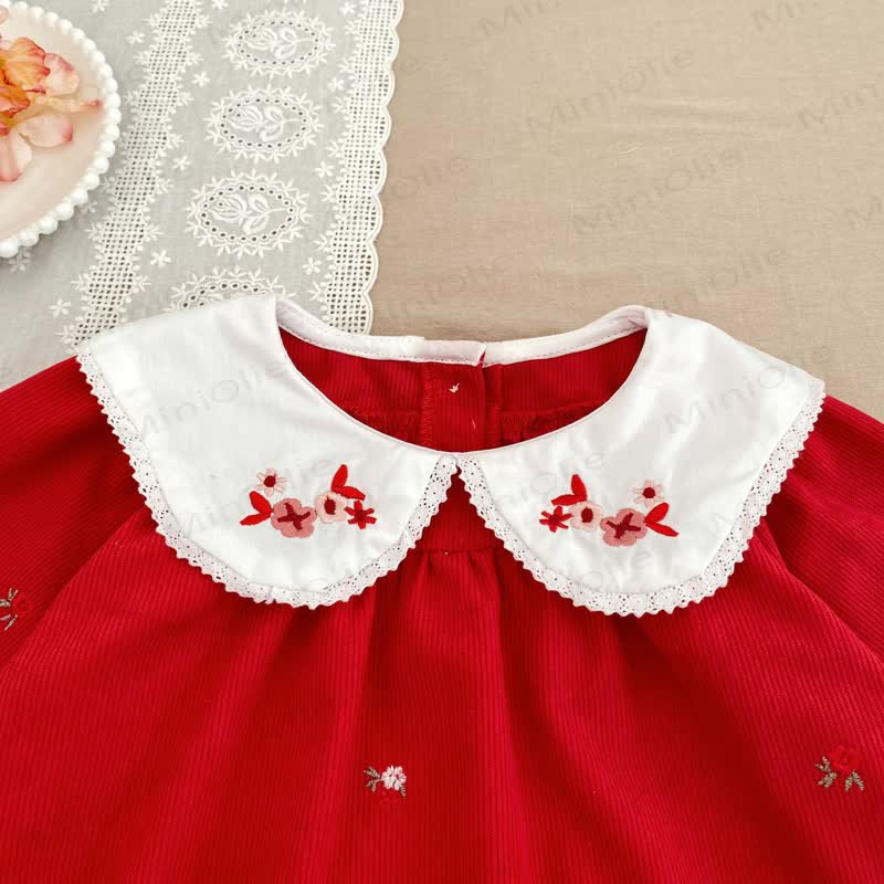 Toddler Girl Christmas Corduroy Floral Collar Red Dress - image 5