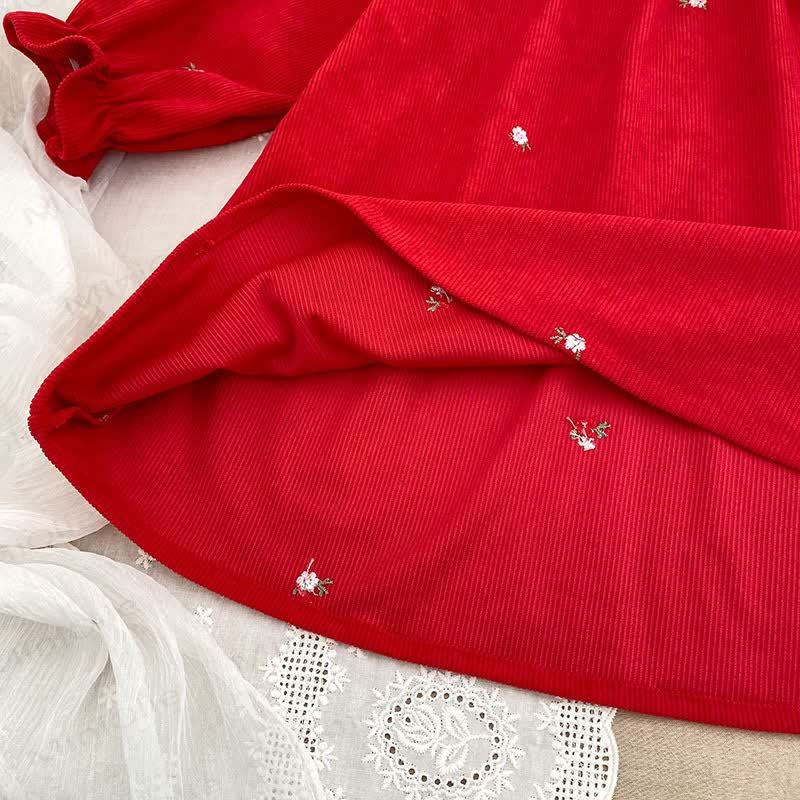 Toddler Girl Christmas Corduroy Floral Collar Red Dress - image 7