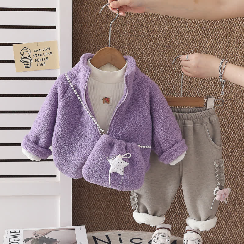 Toddler Girl Cat Sherpa Jacket and Pants 3-Piece Set with Bag - Purple - 4-5T - image 3