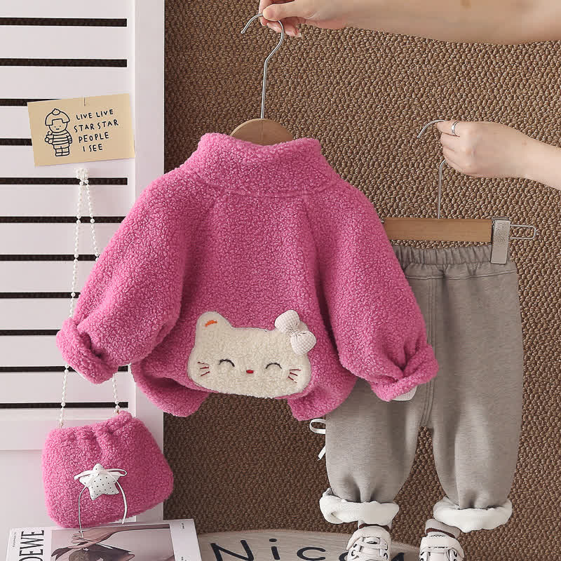 Toddler Girl Cat Sherpa Jacket and Pants 3-Piece Set with Bag - image 4