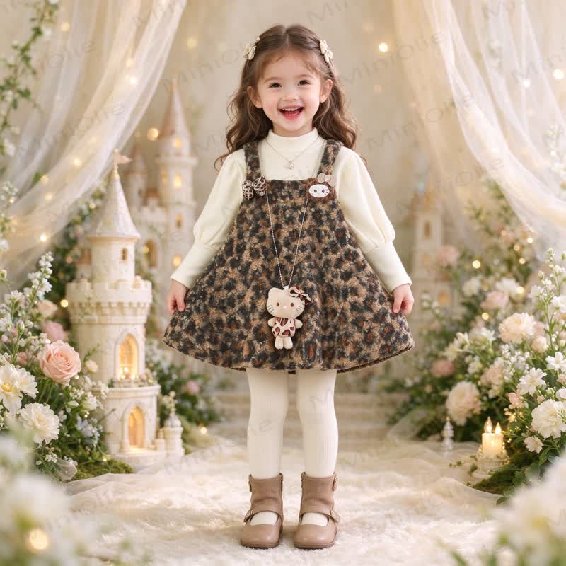 Toddler Kid Girl Fleece Kitty Bow Leopard Print Sleeveless Dress And Beige Long Sleeve Tee Set - image 4