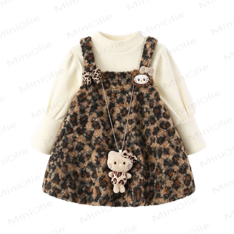 Toddler Kid Girl Fleece Kitty Bow Leopard Print Sleeveless Dress And Beige Long Sleeve Tee Set - Brown - 6-7T - image 5