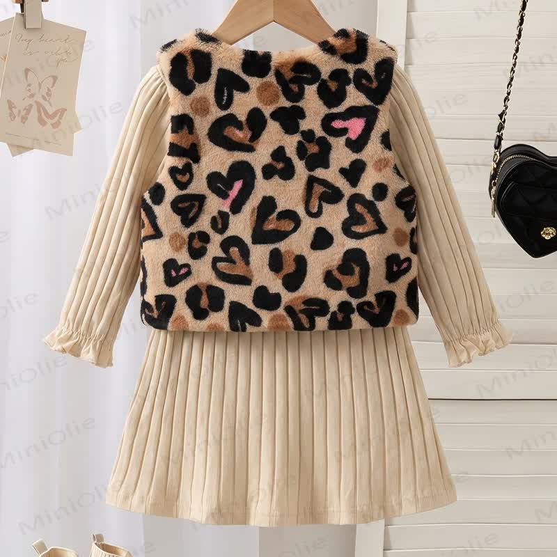 Baby Toddler Girl Leopard Heart Bow Vest and Beige Ribbed Dress Set - image 5