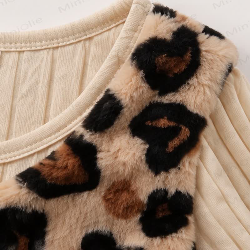 Baby Toddler Girl Leopard Heart Bow Vest and Beige Ribbed Dress Set - image 6