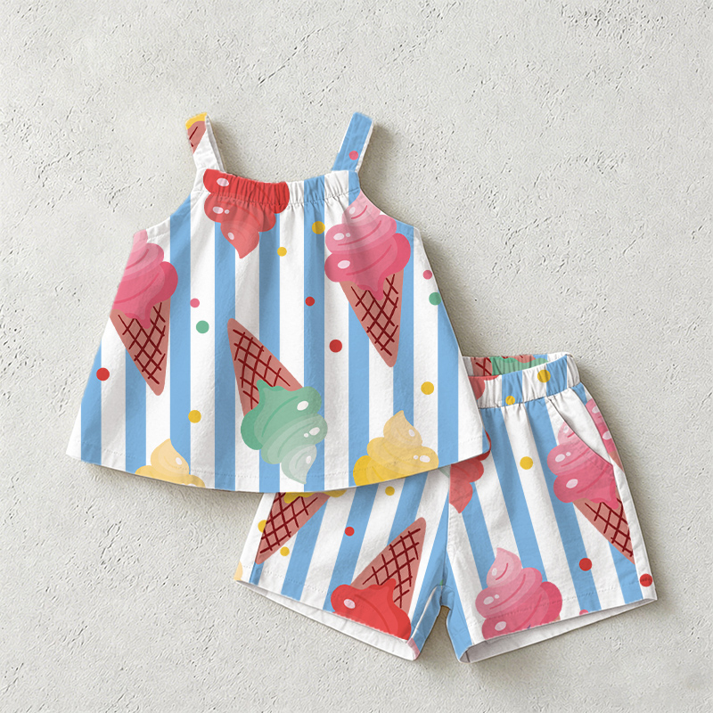 Baby Toddler Ice Cream White&Blue Striped Strap Top and Shorts 2-piece Set - White&Blue - 3-5T - image 1