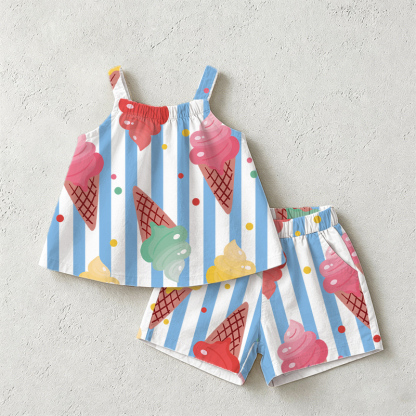 Baby Toddler Ice Cream White&Blue Striped Strap Top and Shorts 2-piece Set - White&Blue - 3-5T - image 1