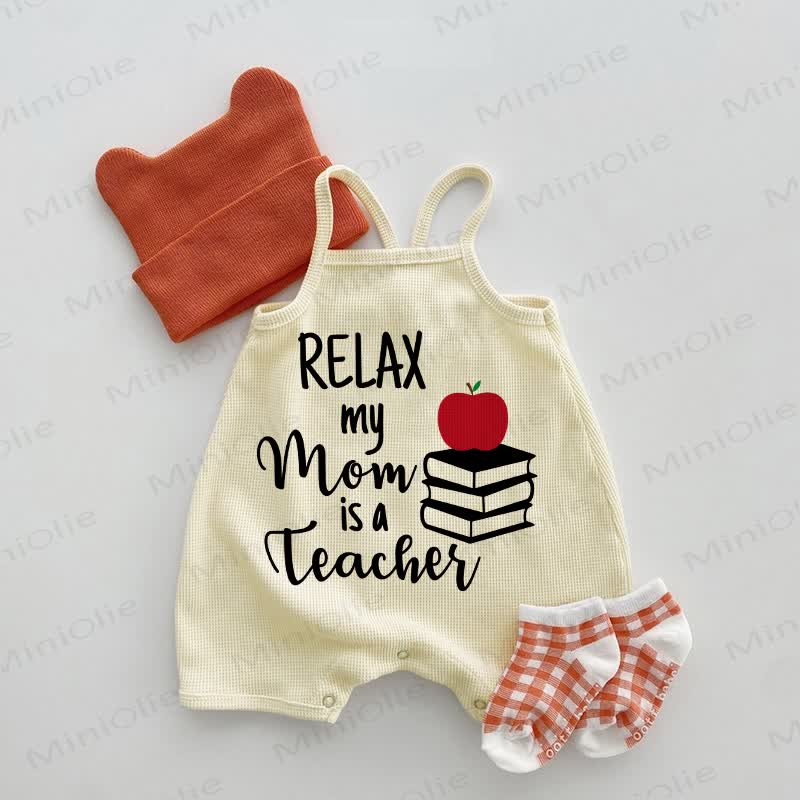 RELAX MY MOM IS A TEACHER Baby Waffle Suspenders Romper - Beige - 18-24M - image 1