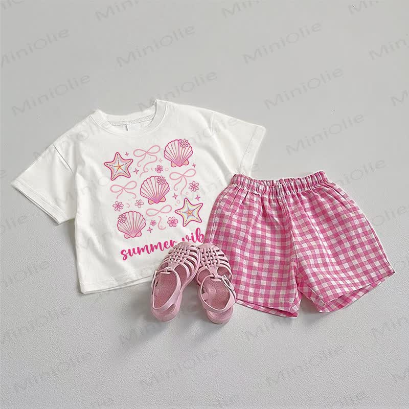 SUMMER VIBE Baby Shell Tee and Plaid Shorts 2-Piece Set - White&Pink - 3-5T - image 1