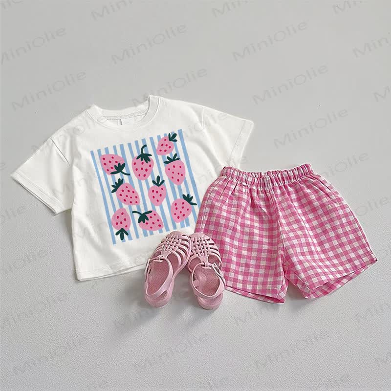 Baby Strawberry Tee and Plaid Shorts 2-Piece Set - White&Pink - 3-5T - image 1