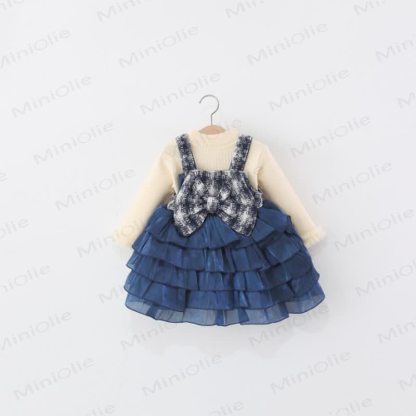Baby Girl Bow Plaid Fleece Lined Dress - Blue - 38-47M - image 4