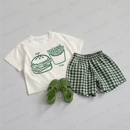 BURGER vBaby Bread Tee and Plaid Shorts 2-Piece Set - White&Green - 3-5T - image 1