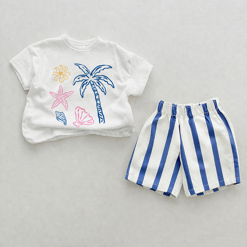 Baby Coconut Tree Blue Vertical Striped 2-piece Shorts Set - White&Blue - 2-3T - image 1