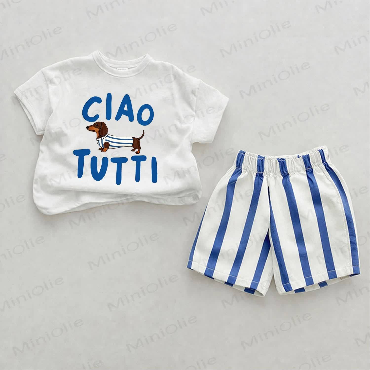 CIAO TUTTI Baby Dachshund Print Blue Vertical Striped 2-piece Shorts Set - White&Blue - 2-3T - image 1