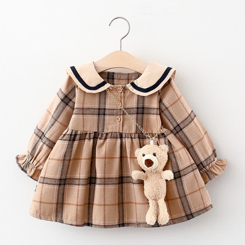 Baby Plaid Dress with Bear Doll - Khaki - 2-3T - image 6