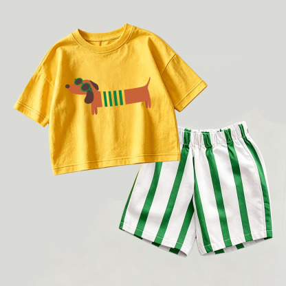 Baby Daschund Yellow&Green Top and Striped Shorts 2-piece Set - Yellow&Green - 2-3T - image 1