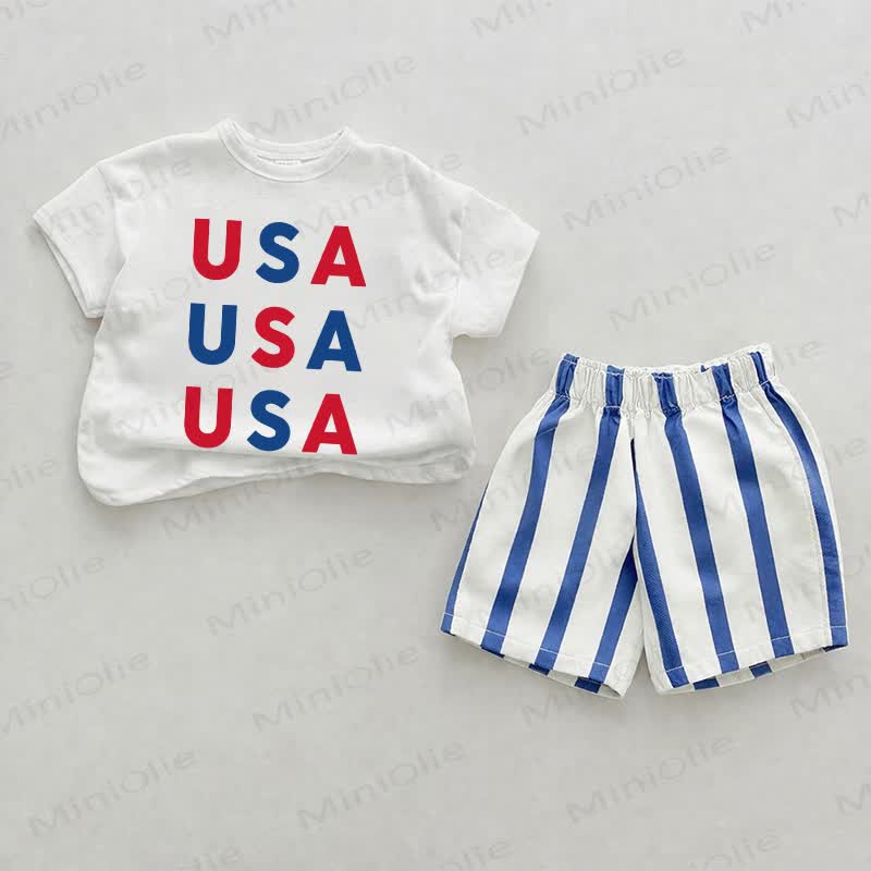 USA Baby Slogan Blue Vertical Striped 2-piece Shorts Set - White&Blue - 2-3T - image 1