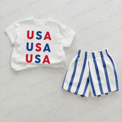 USA Baby Slogan Blue Vertical Striped 2-piece Shorts Set - White&Blue - 2-3T - image 1