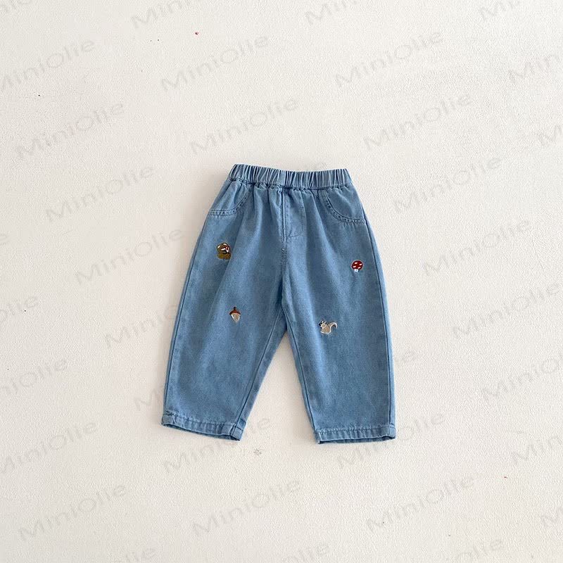 Baby Toddler Boy Squirrel Mushroom Denim Pants - Blue - 3-5T - image 5