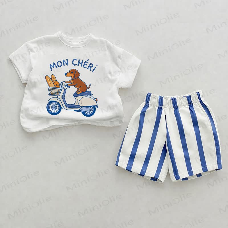 MON CHERI Baby Dog Print Blue Vertical Striped 2-piece Shorts Set - White&Blue - 2-3T - image 1