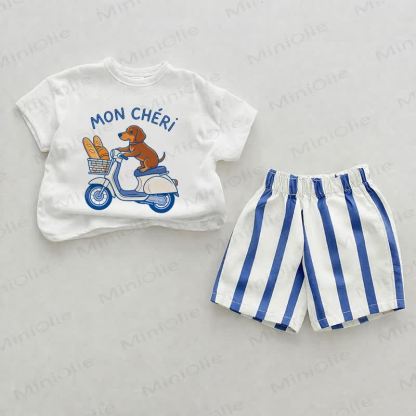 MON CHERI Baby Dog Print Blue Vertical Striped 2-piece Shorts Set - White&Blue - 2-3T - image 1