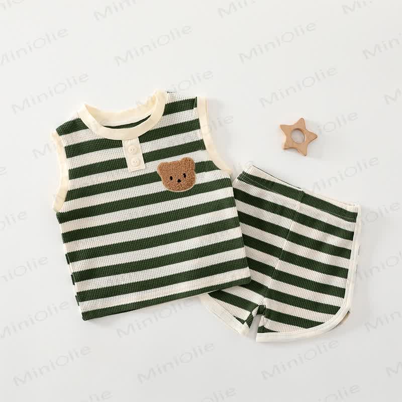 Baby Soft Knit Bear Striped Tank Top and Shorts 2-piece Set - Green - 3-4T - image 4