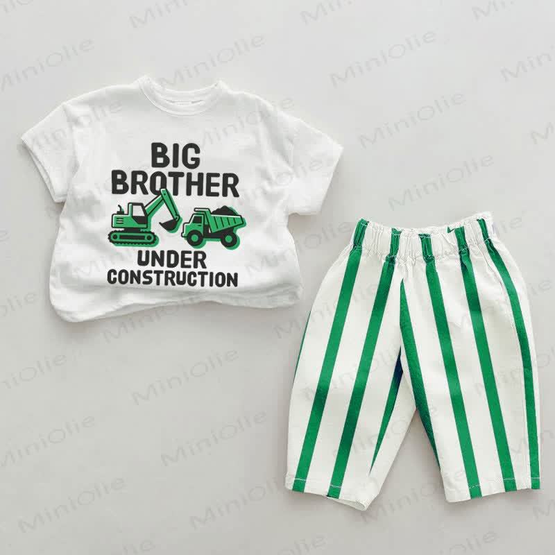 BIG BROTHER UNDER CONSTRUCTION Baby Boys Green Excavator Print Vertical Striped 2-piece Set - White&Green - 2-3T - image 1