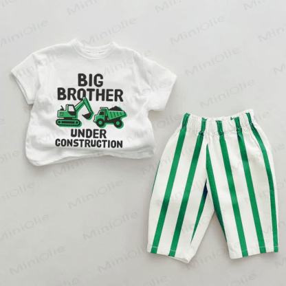 BIG BROTHER UNDER CONSTRUCTION Baby Boys Green Excavator Print Vertical Striped 2-piece Set - White&Green - 2-3T - image 1