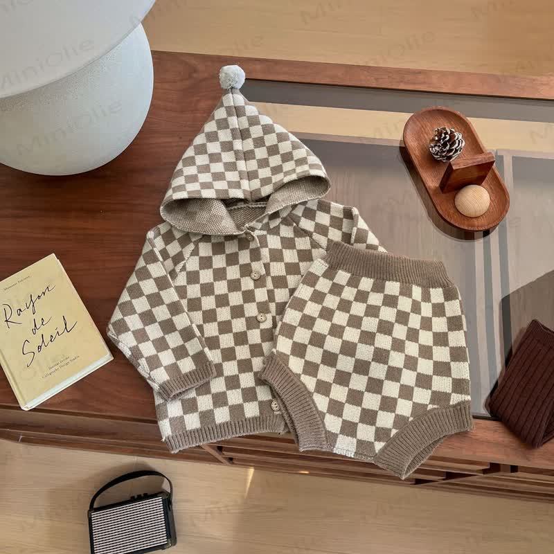 Baby Toddler Knit Hooded Top & Shorts 2-piece Set - Check - 3-5T - image 5