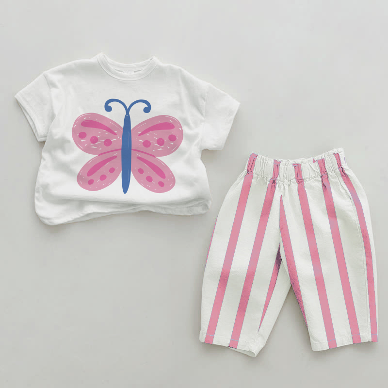 Baby Pink Butterfly Vertical Striped 2-piece Set - White&Pink - 2-3T - image 1