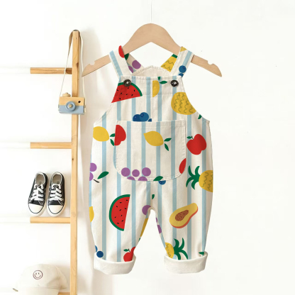 Baby Toddler Fruit Stripes Beige Pocket Overalls - Beige - 3-5T - image 1