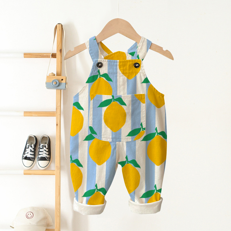 Baby Toddler Lemon Print Blue Striped Overalls  - Beige - 3-5T - image 1