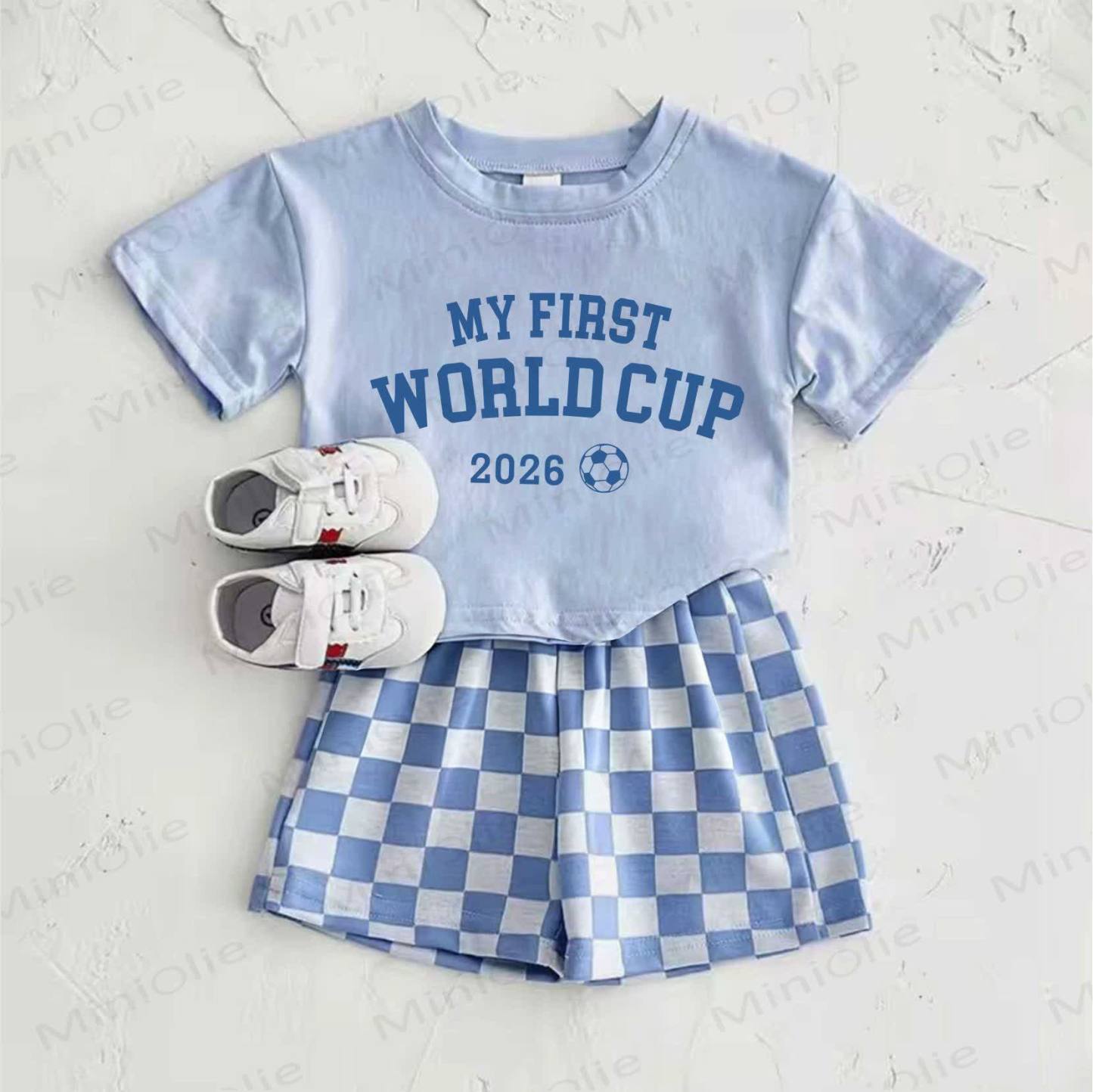 MY FIRST WORLD CUP 2026 Baby Blue Football Print T-shirt and Plaid Pants 2-Piece Set - Blue - 2-3T - image 1