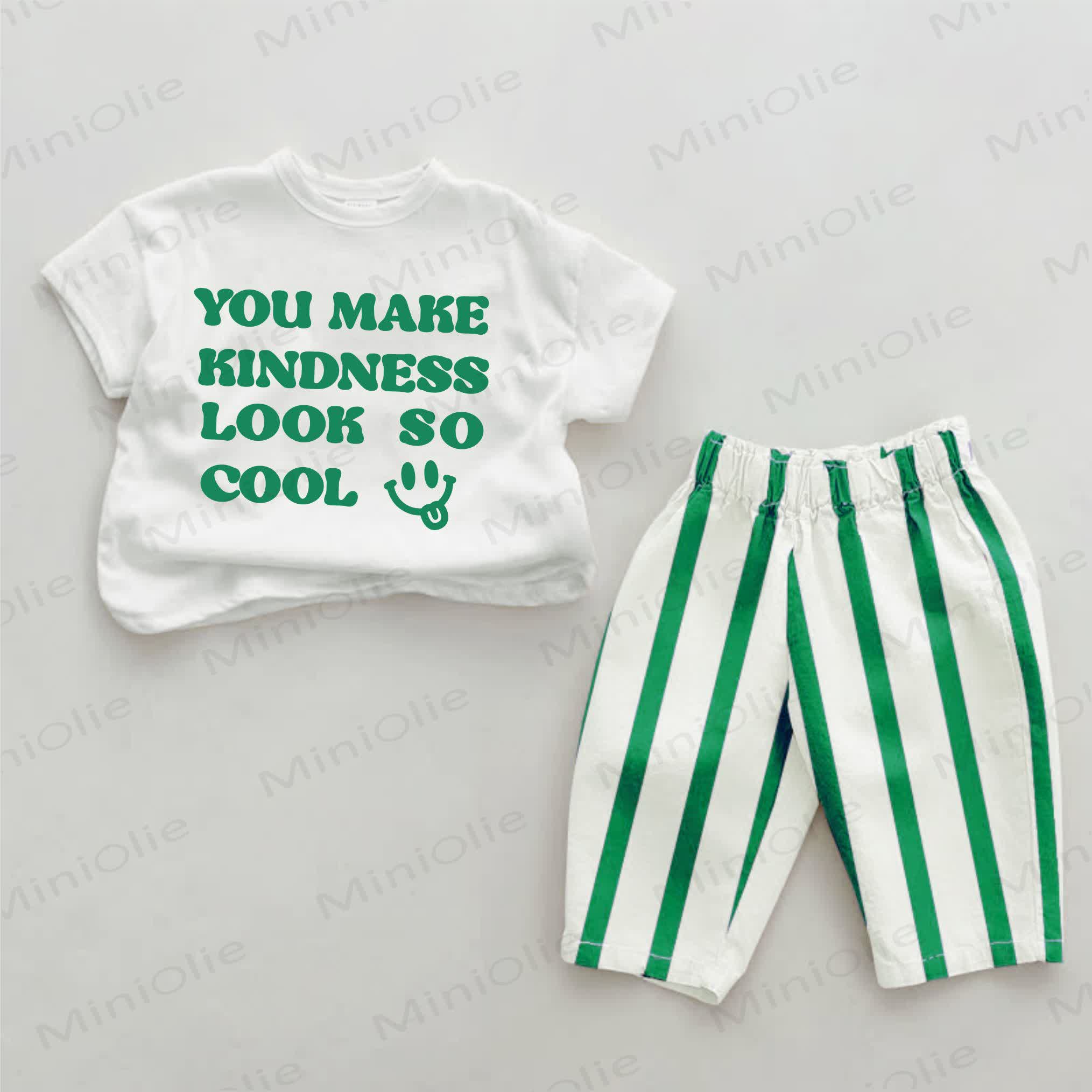 YOU MAKE KINDNESS LOOK SO COOL Baby Green Slogan Vertical Striped 2-piece Set - White&Green - 2-3T - image 1
