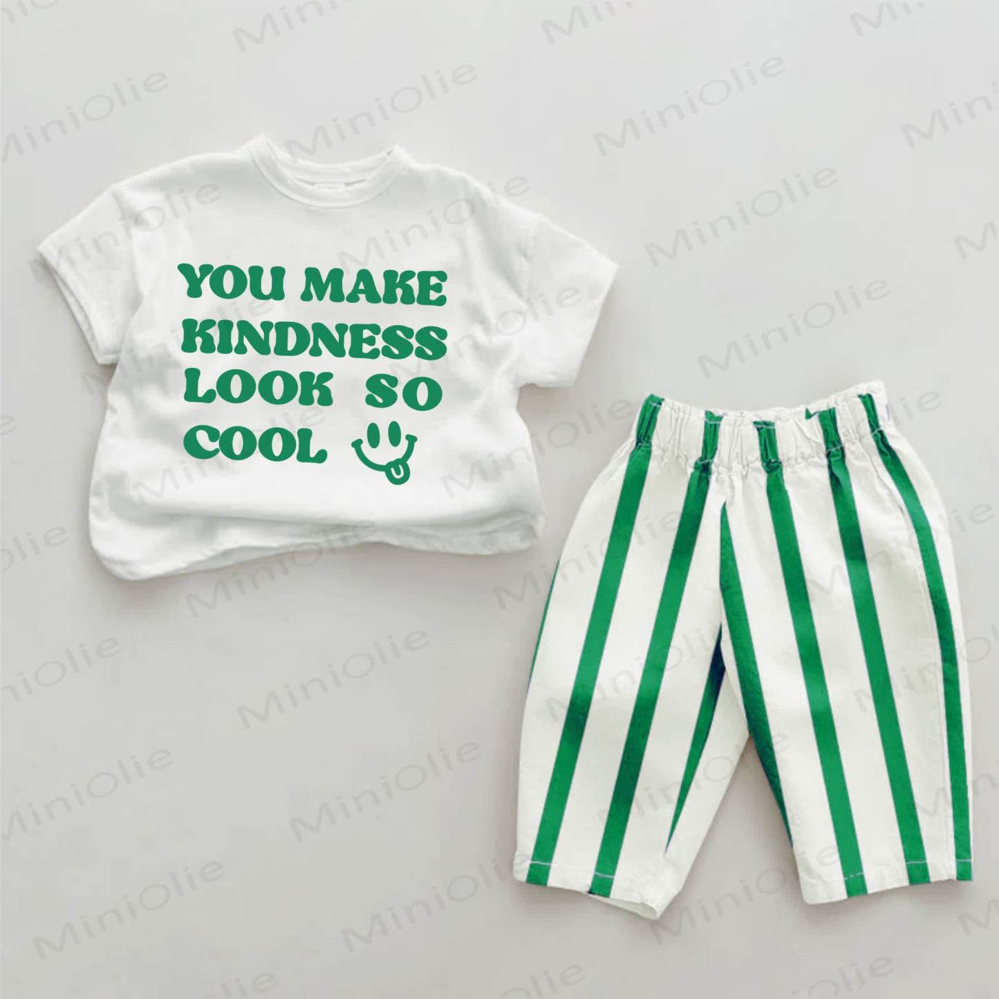 YOU MAKE KINDNESS LOOK SO COOL Baby Green Slogan Vertical Striped 2-piece Set - White&Green - 2-3T - image 1