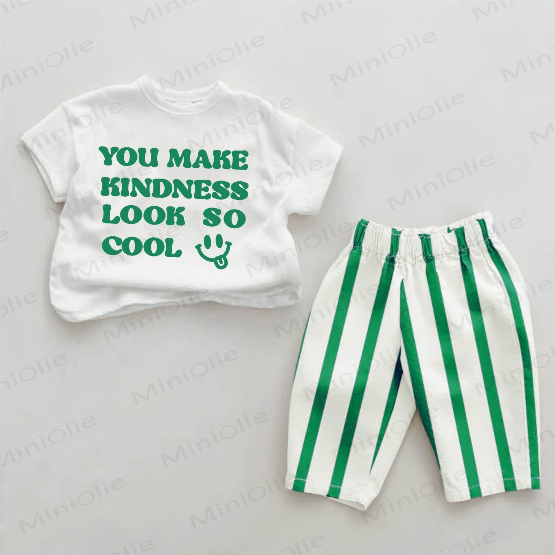 YOU MAKE KINDNESS LOOK SO COOL Baby Green Slogan Vertical Striped 2-piece Set - White&Green - 2-3T - image 1