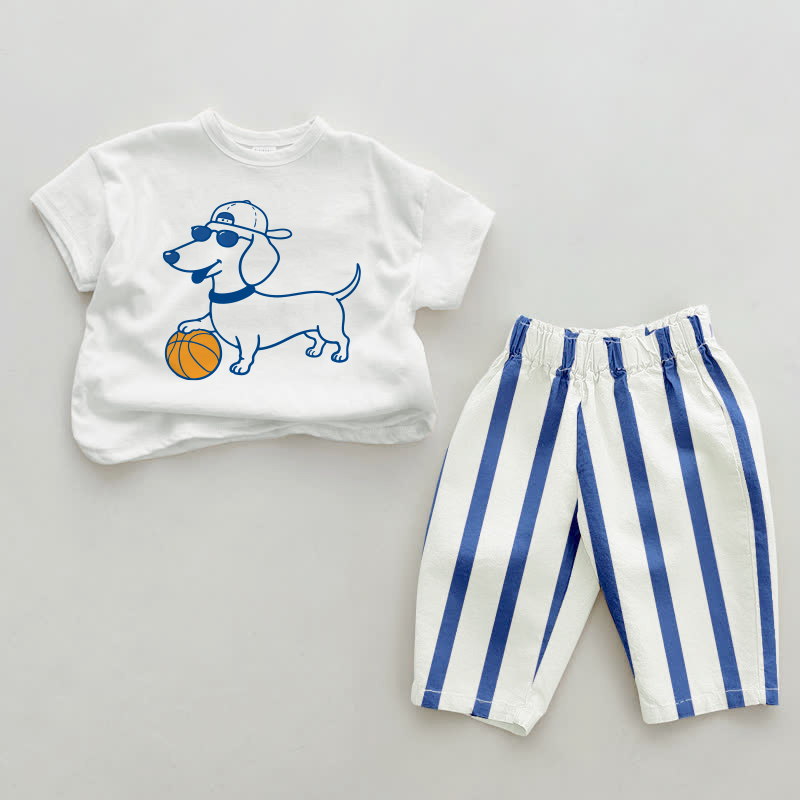 Baby Daschund Blue Vertical Striped 2-piece Set - White&Blue - 2-3T - image 1