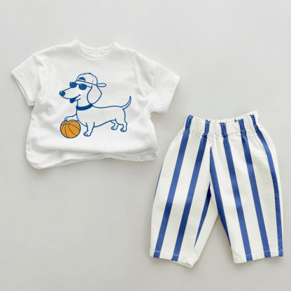 Baby Daschund Blue Vertical Striped 2-piece Set - White&Blue - 2-3T - image 1