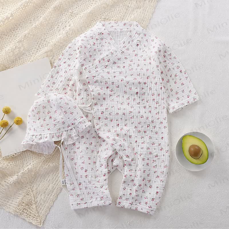 Baby Bear/Floral Gauze Romper with Ruffle Bonnet - White Floral - 18-24M - image 13