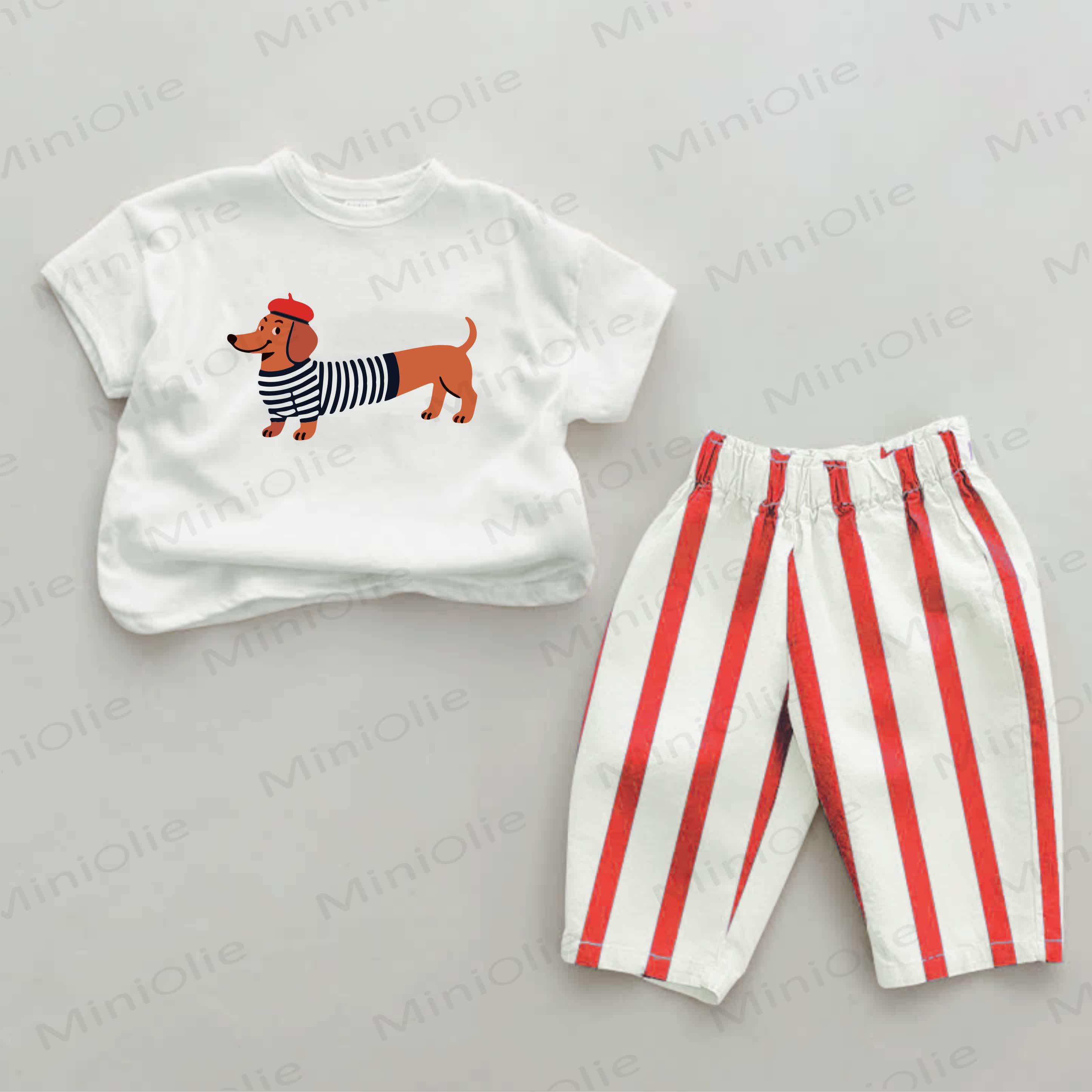 Baby Dachshund Print Red Striped 2-piece Set - White&Red - 2-3T - image 1