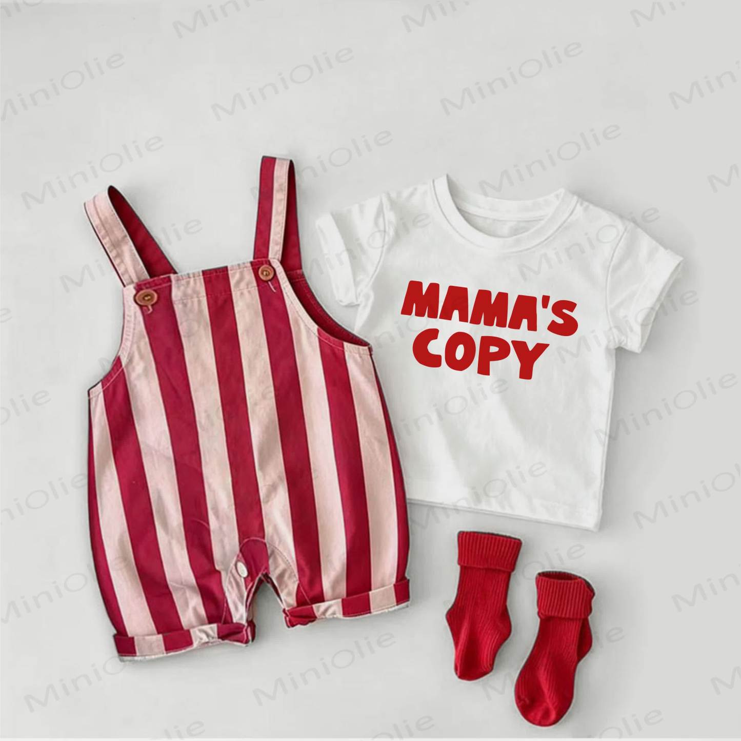 MAMA'S COPY Baby Slogan Red Stripe Overalls and White Tee 2-piece Set - White&Red - 2-3T - image 1
