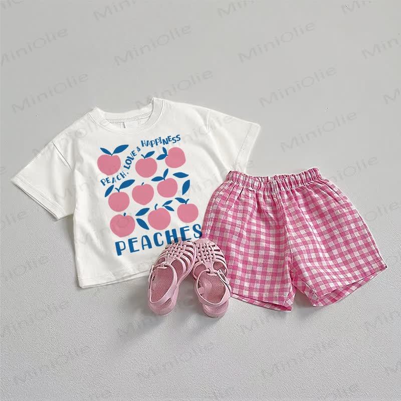 PEACH. LOVE & HAPPINESS Baby Tee and Plaid Shorts 2-Piece Set - White&Pink - 3-5T - image 1