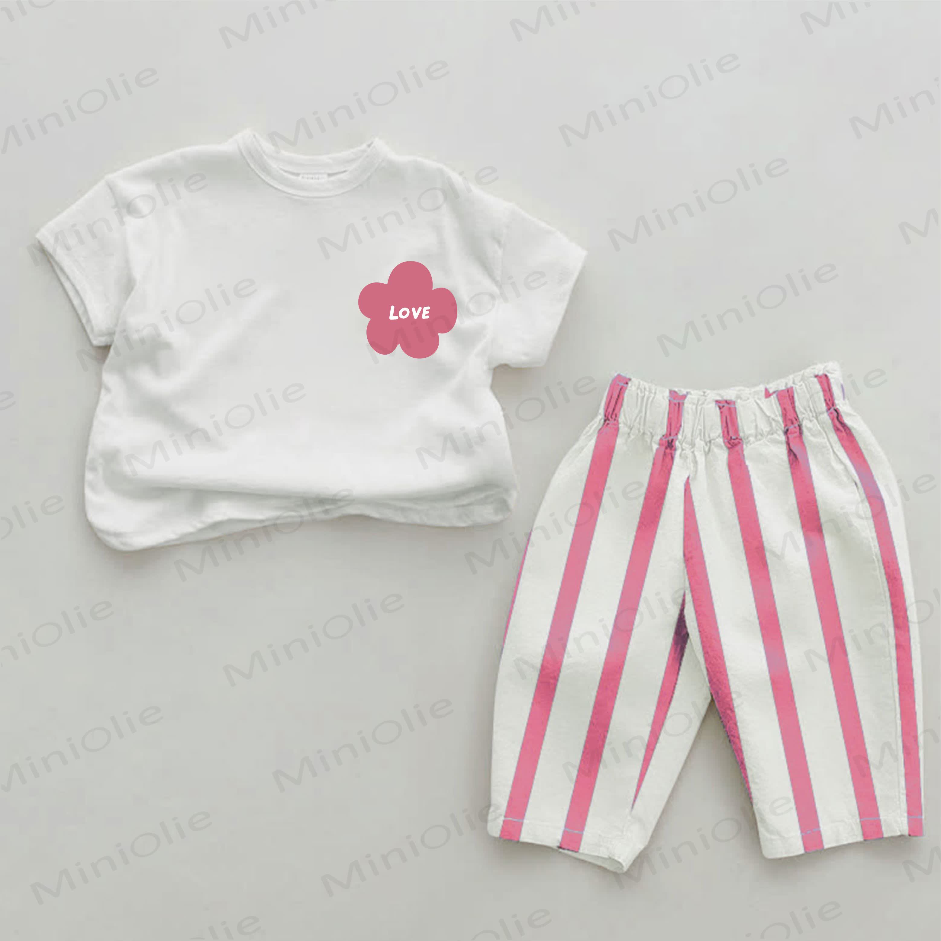 LOVE Baby Pink Flower Print Pink Vertical Striped 2-piece Set - White&Pink - 2-3T - image 1