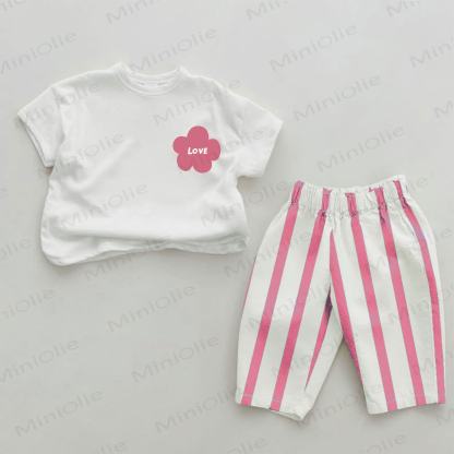 LOVE Baby Pink Flower Print Pink Vertical Striped 2-piece Set - White&Pink - 2-3T - image 1